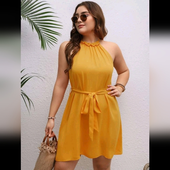 **NEW** SHEIN VCAY Plus Frill Trim Belted Halter Dress - Picture 1 of 4